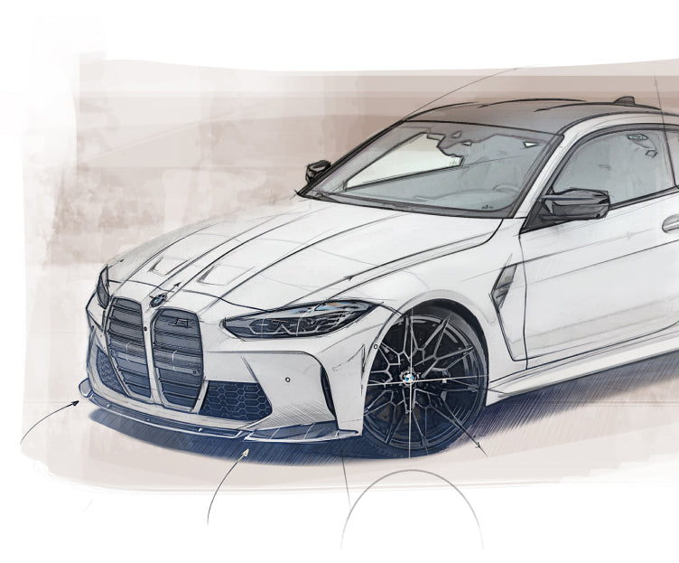 beige and black sketch of white bmw